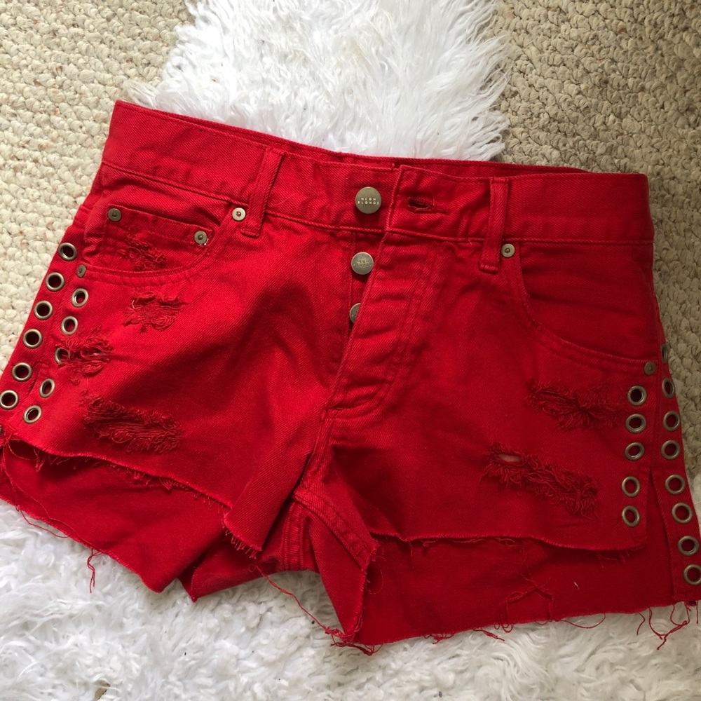 Neon Blonde Studded Red Shorts